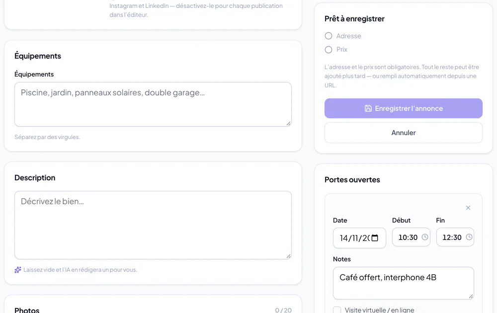 Date, début, fin et notes des portes ouvertes dans le formulaire de l’annonce