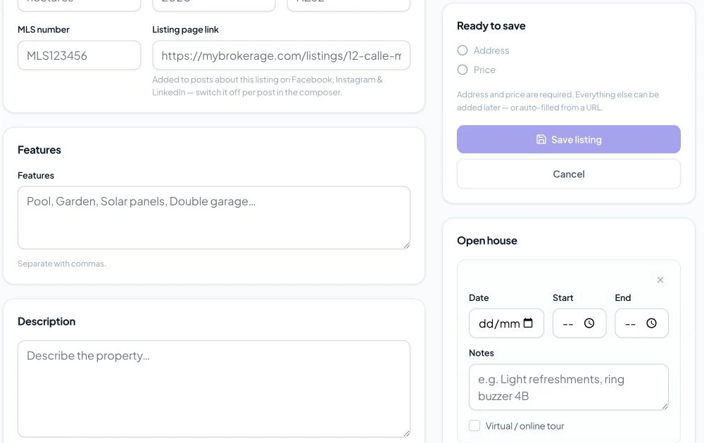 Open-house date, start time, end time, and notes in the listing form
