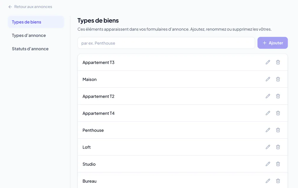 Page Taxonomies avec les onglets Types de biens, Types d’annonce et Statuts d’annonce et les commandes pour renommer