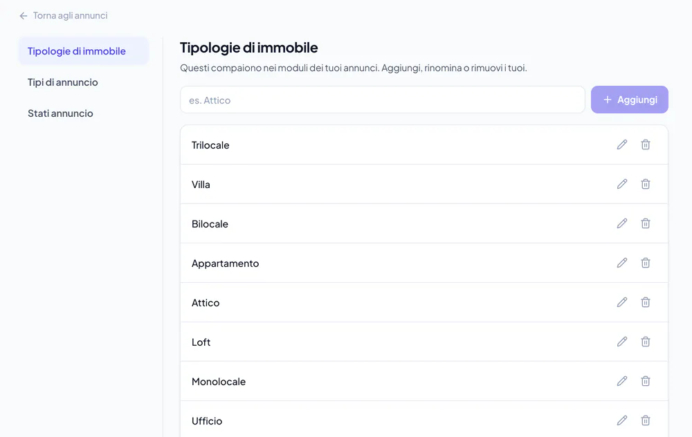 Pagina Tassonomie con le schede Tipologie di immobile, Tipi di annuncio e Stati annuncio e i comandi per rinominare