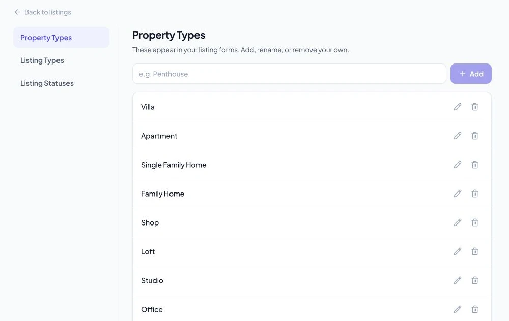 Taxonomies page with Property Types, Listing Types, and Listing Statuses tabs and rename controls