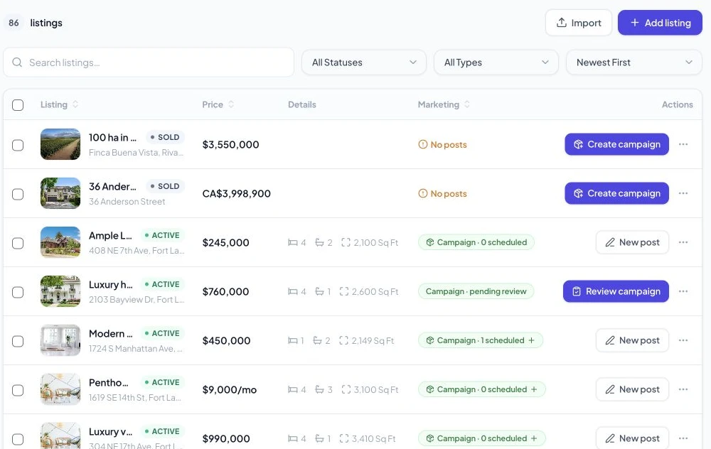 Listing rows displaying property status separately from marketing progress and actions