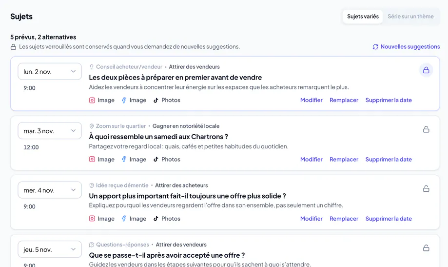 Planifier mon contenu avec les dates, les canaux et les suggestions de sujets