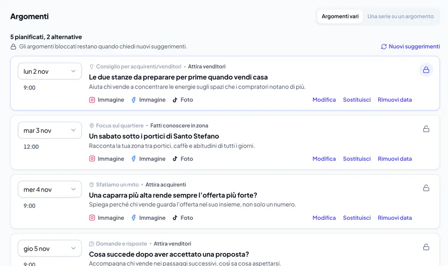 Pianifica i miei contenuti con date, canali e argomenti suggeriti