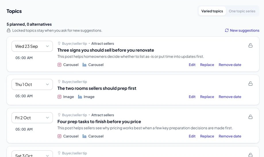Plan my content with dates, channels, and topic suggestions