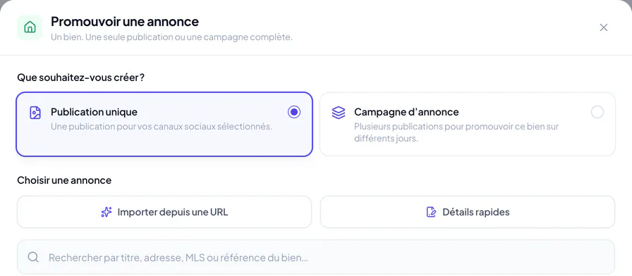 Promouvoir une annonce propose Publication unique et Campagne d’annonce