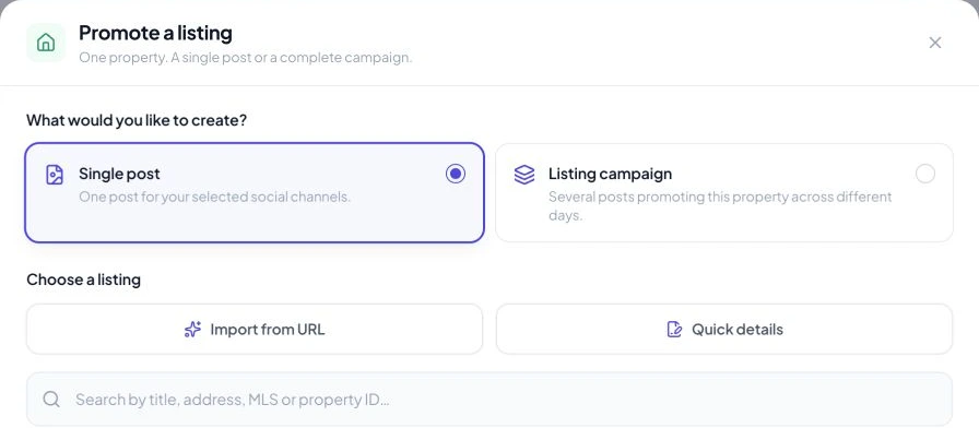 Single post selected in the Promote a listing chooser