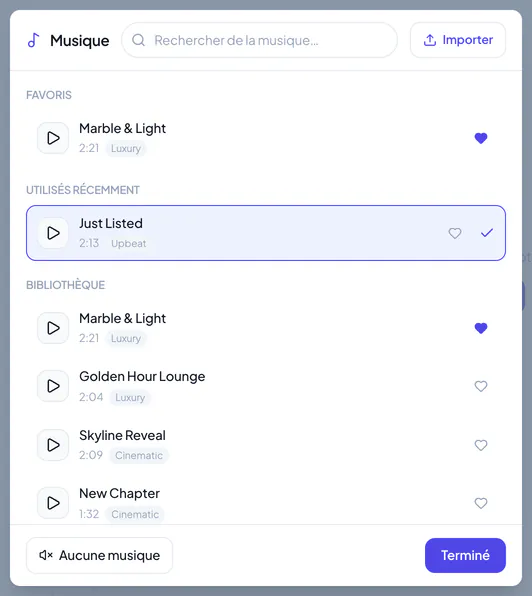 Sélecteur de musique avec l’écoute des morceaux, les favoris, la recherche et l’option Aucune musique