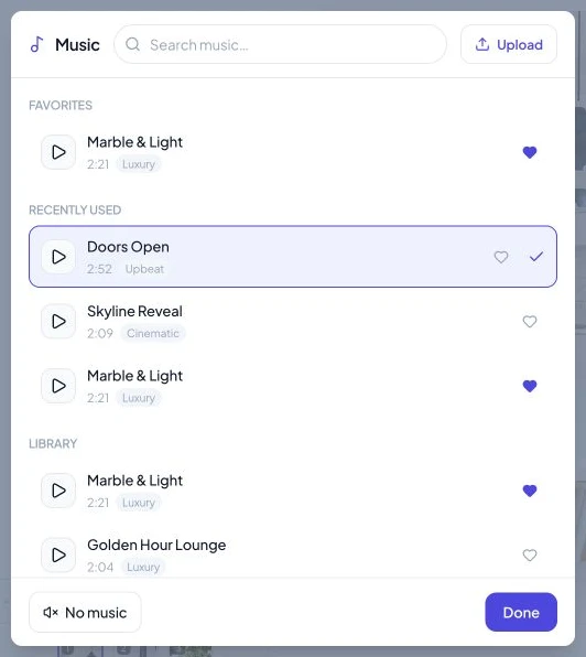 Music picker with track previews, favorites, search, and a No music option