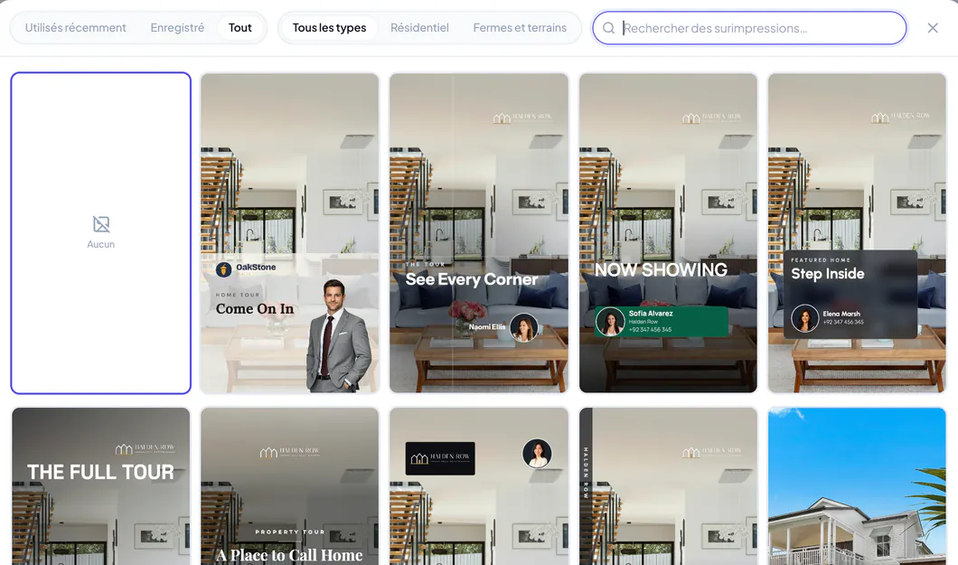 Fenêtre Choisir une surimpression avec la recherche, les filtres récents et enregistrés, et des styles à votre image