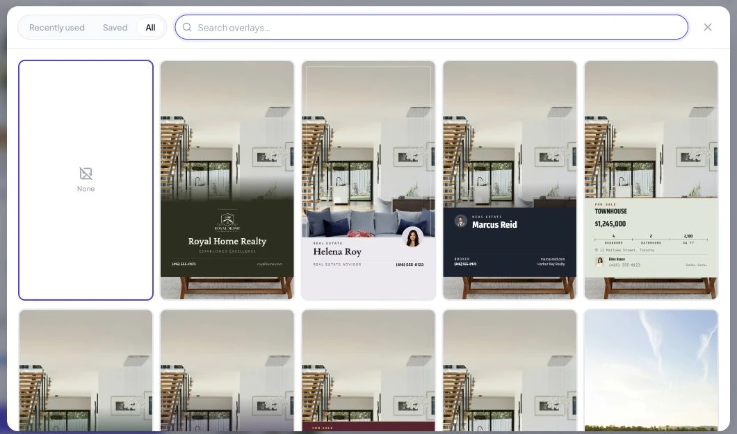 Choose an overlay dialog with search, recent and saved filters, and branded styles