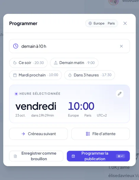Fenêtre Programmer la publication avec la date, l’heure et le fuseau horaire