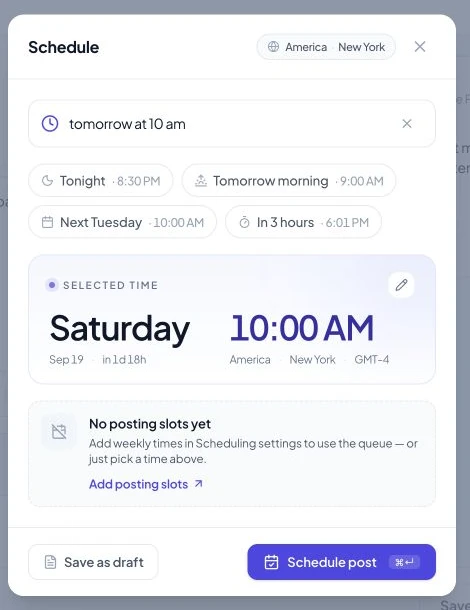 Schedule post dialog with date, time, and timezone