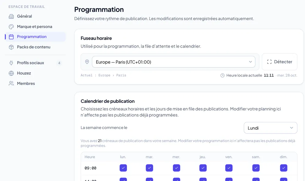 Paramètres de programmation de l’espace de travail avec le fuseau horaire et les créneaux de publication