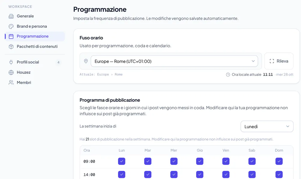 Impostazioni di programmazione del workspace con il fuso orario e gli slot di pubblicazione