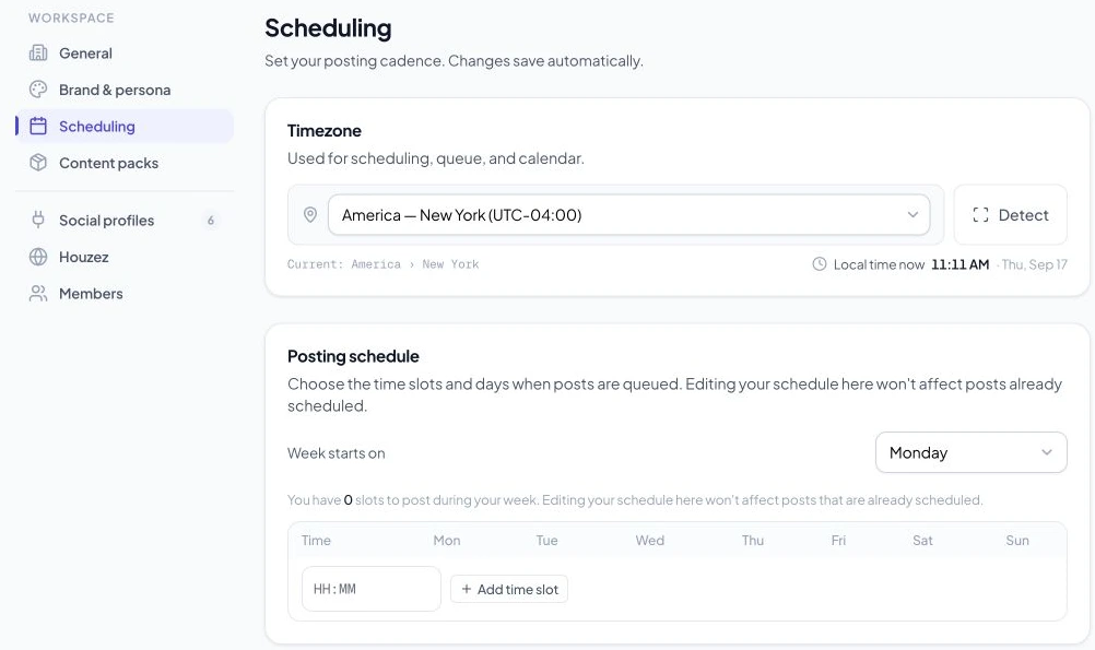 Workspace scheduling settings with timezone and posting slots