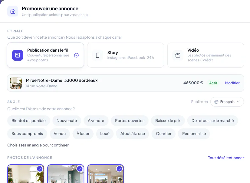Configuration d’une publication d’annonce unique avec le bien, le format, les photos et l’angle