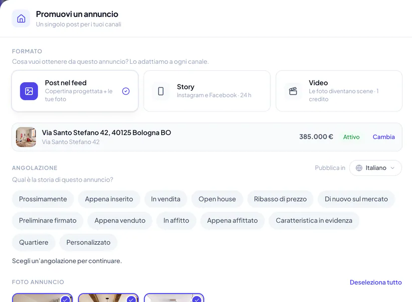 Impostazione del post singolo dell’annuncio con immobile, formato, foto e angolazione