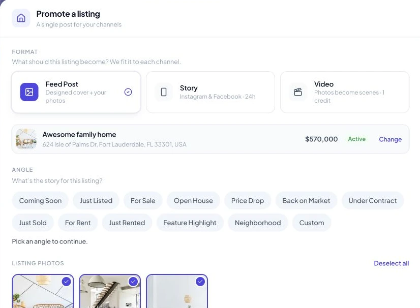 The listing post setup with event and status angles