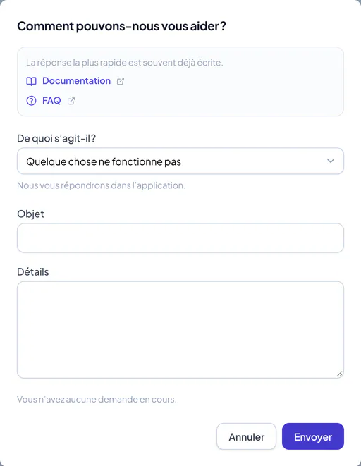 Le formulaire Obtenir de l’aide avec le sujet, l’objet et les détails