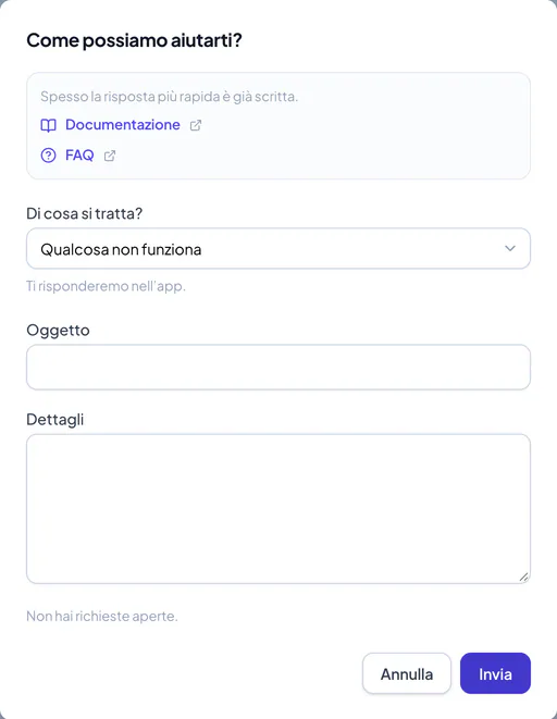 Il modulo Ottieni aiuto con argomento, oggetto e dettagli