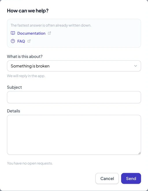 The Get help form with topic, subject, and details