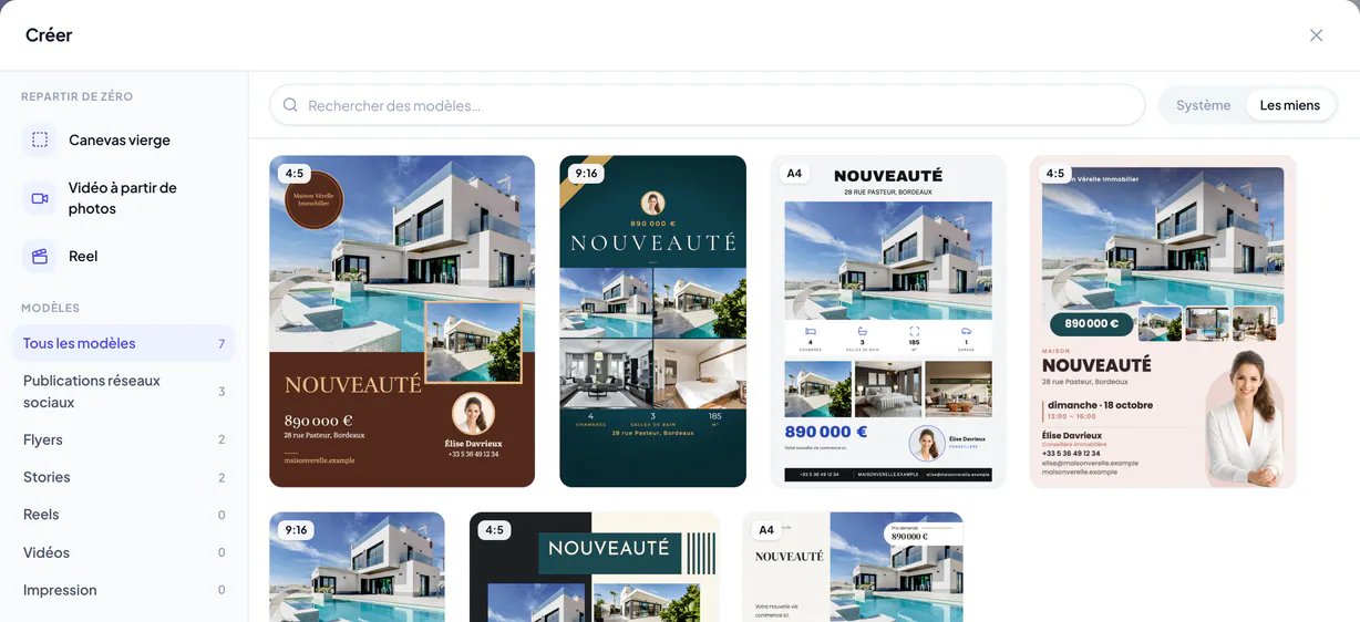 Galerie de création d’un nouveau modèle avec les formats de modèle et la recherche
