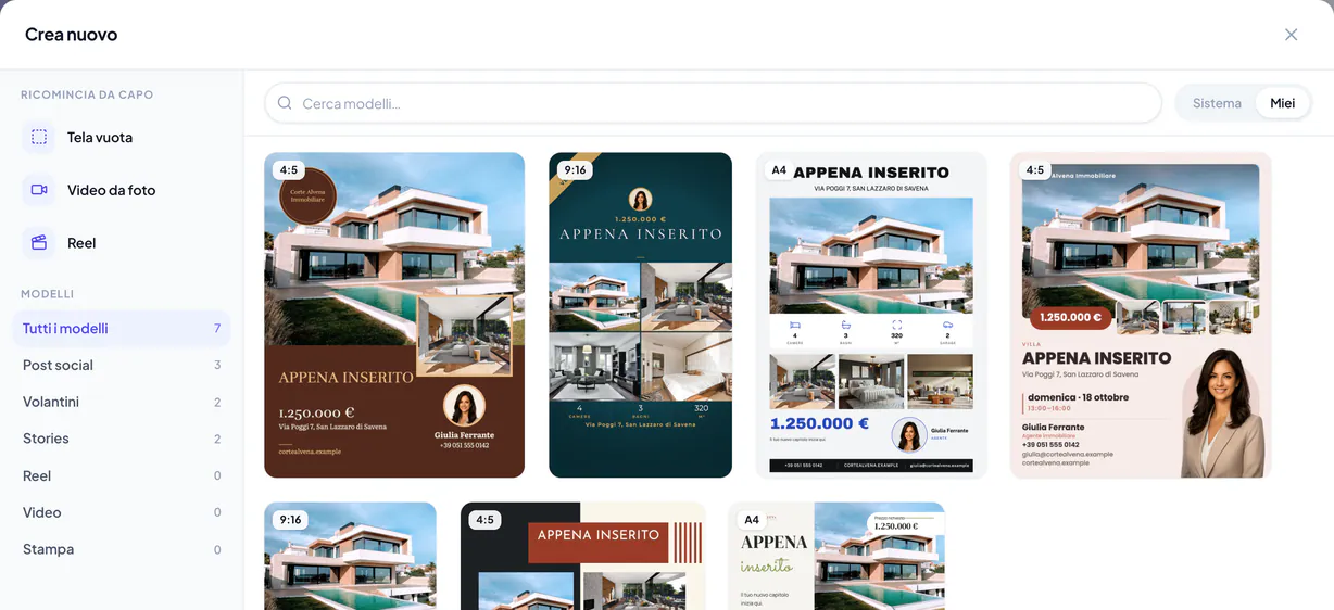 Galleria per creare un nuovo modello con i formati disponibili e la ricerca