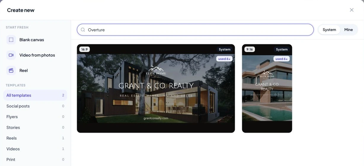 Create new template gallery showing template formats and search