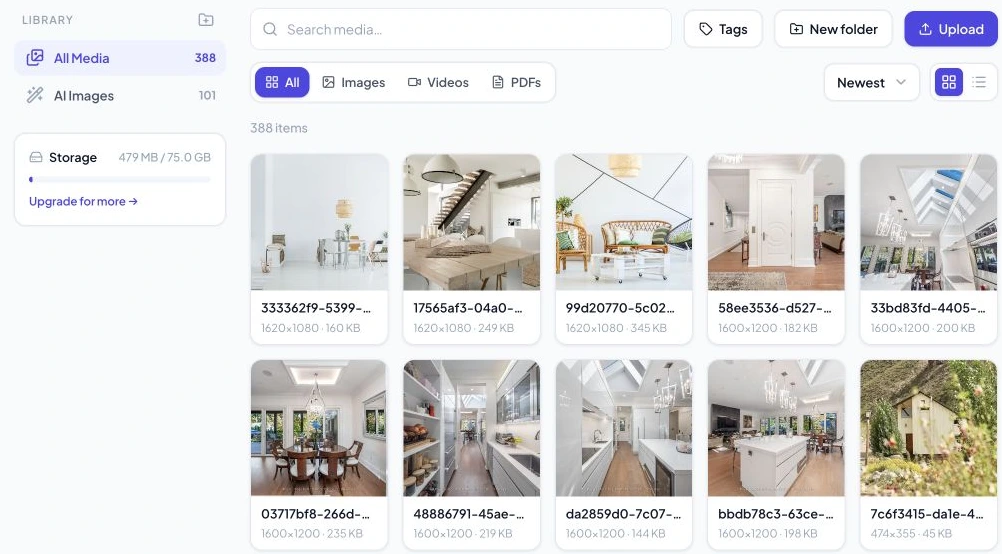 The Uploads library with media filters, folders, and upload controls