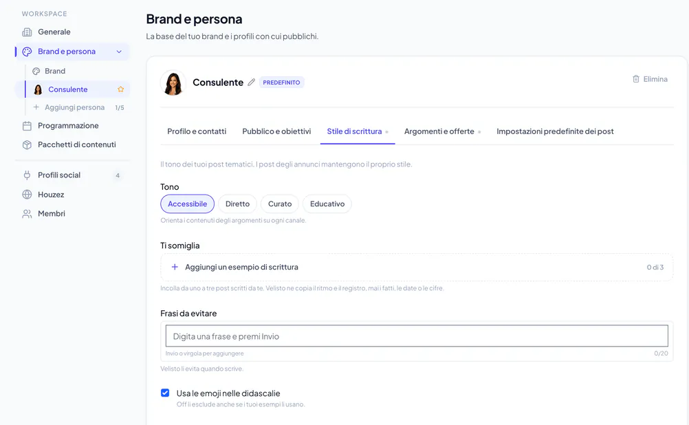 Lo stile di scrittura della persona con tono, esempi di scrittura e frasi da evitare
