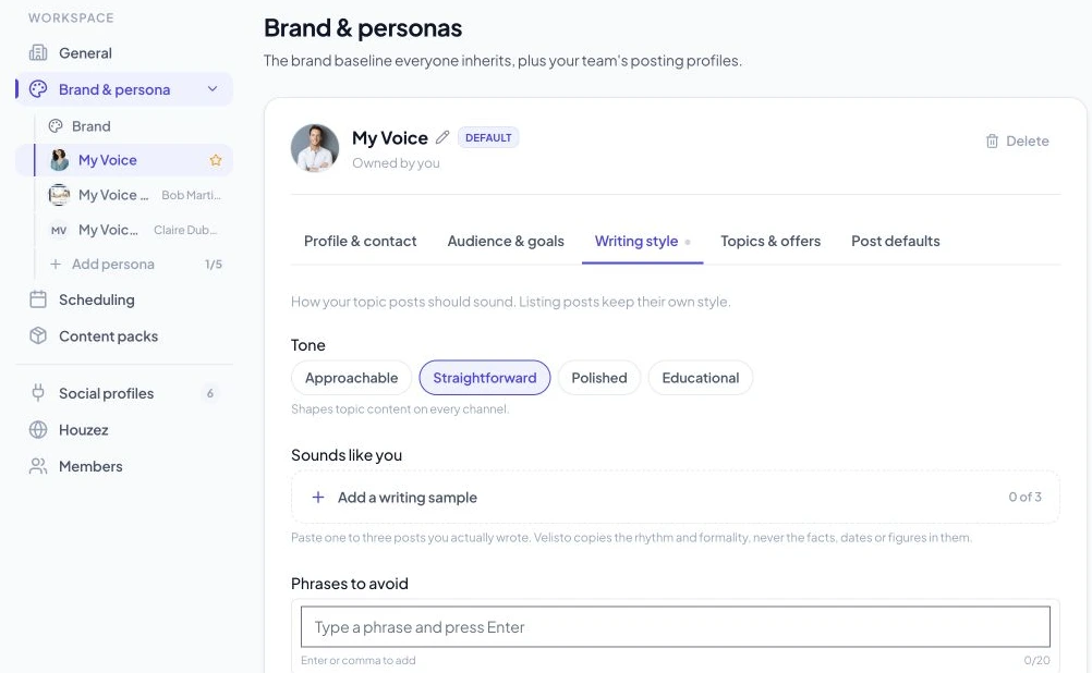 Persona writing style with tone, writing samples, and phrases to avoid