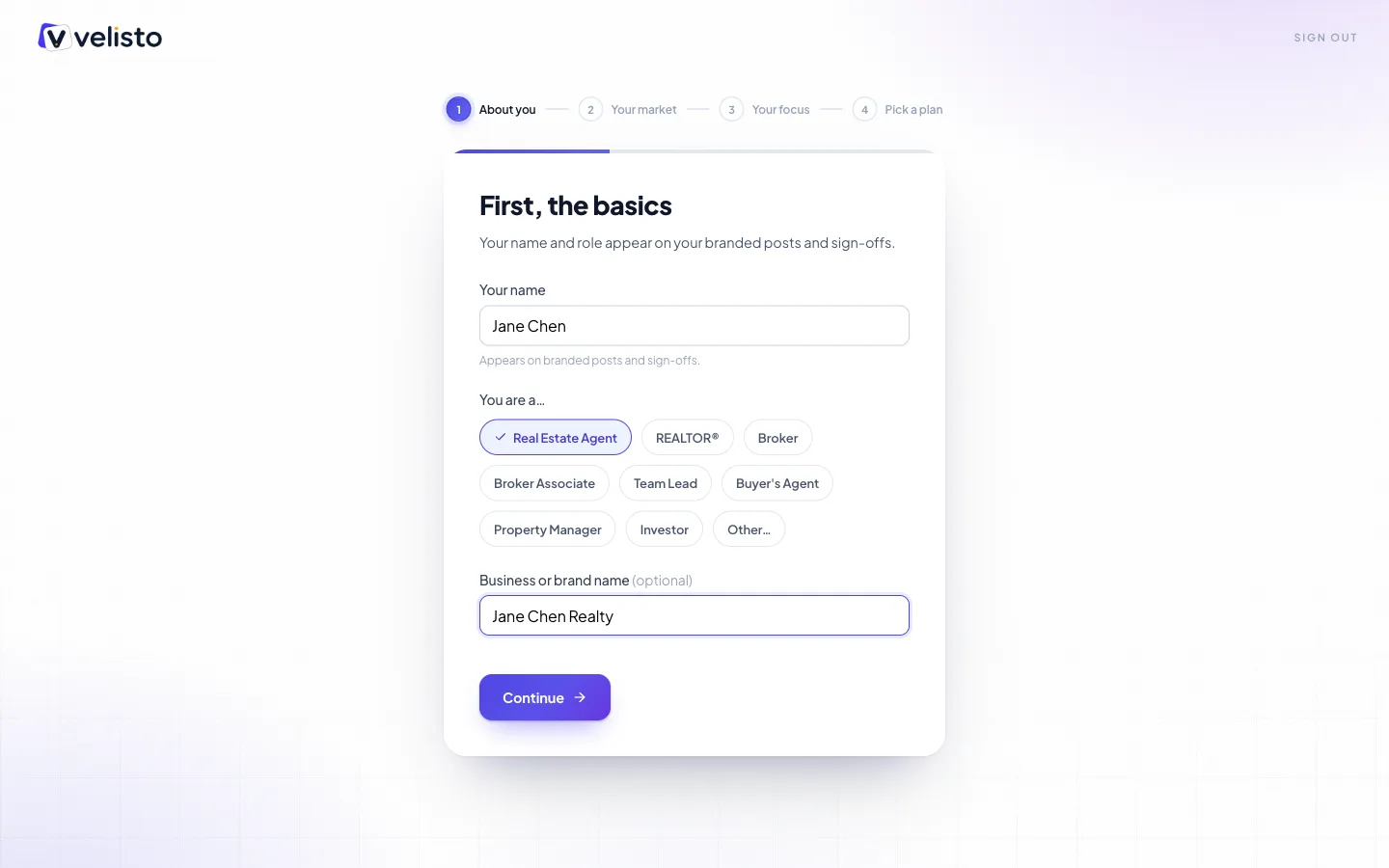 The About you onboarding step with name, role chips and brokerage fields