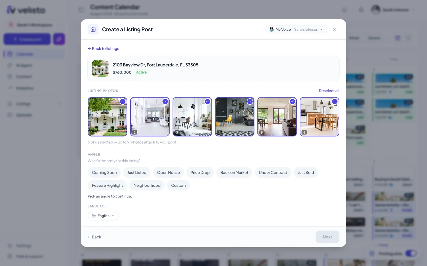 The Create a Listing Post dialog with a listing selected, photo picker and angle chips
