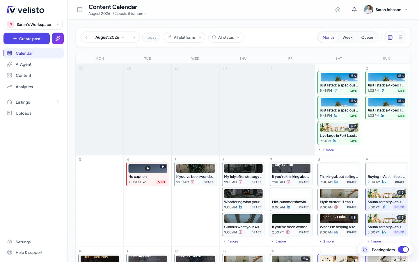 The Velisto app with the sidebar on the left and the content calendar open