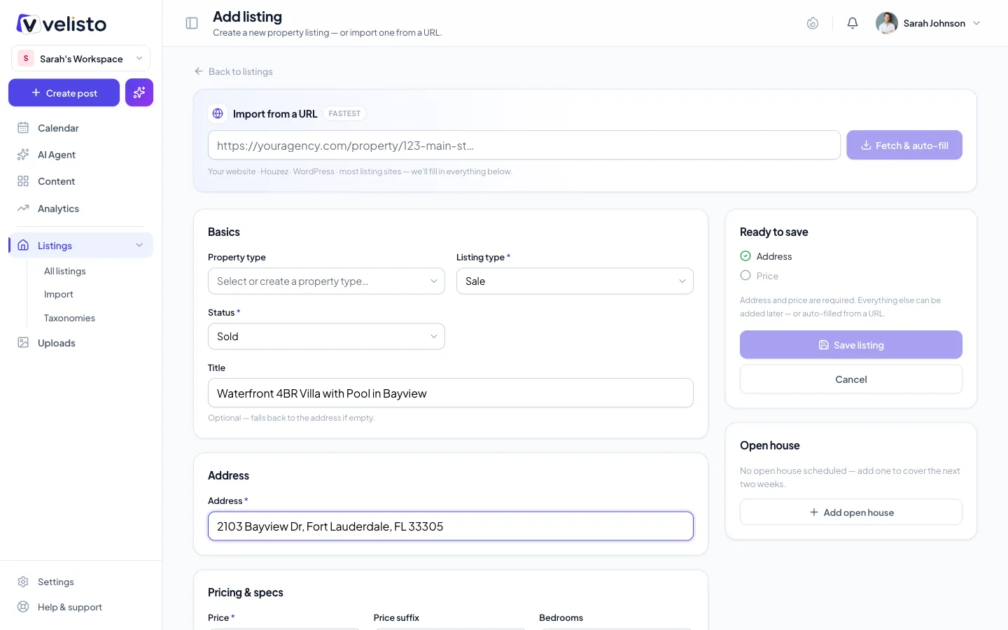 The add-listing form with basics, address and the ready-to-save panel