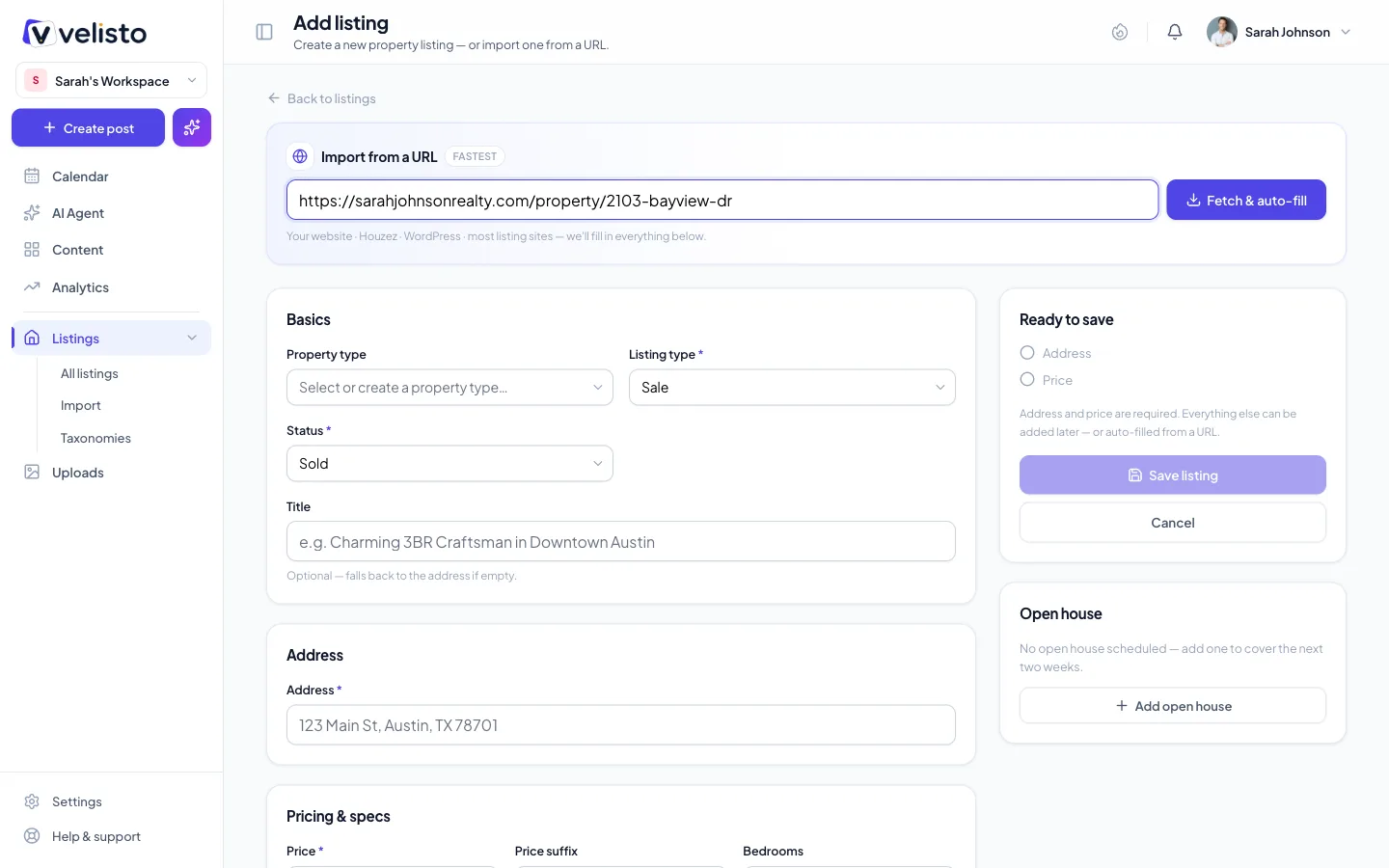 The Import from a URL banner on the add-listing page with a URL pasted and the Fetch & auto-fill button