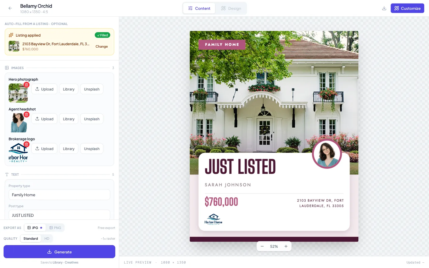 The fill surface with a listing applied: image slots and text fields on the left, live preview on the right