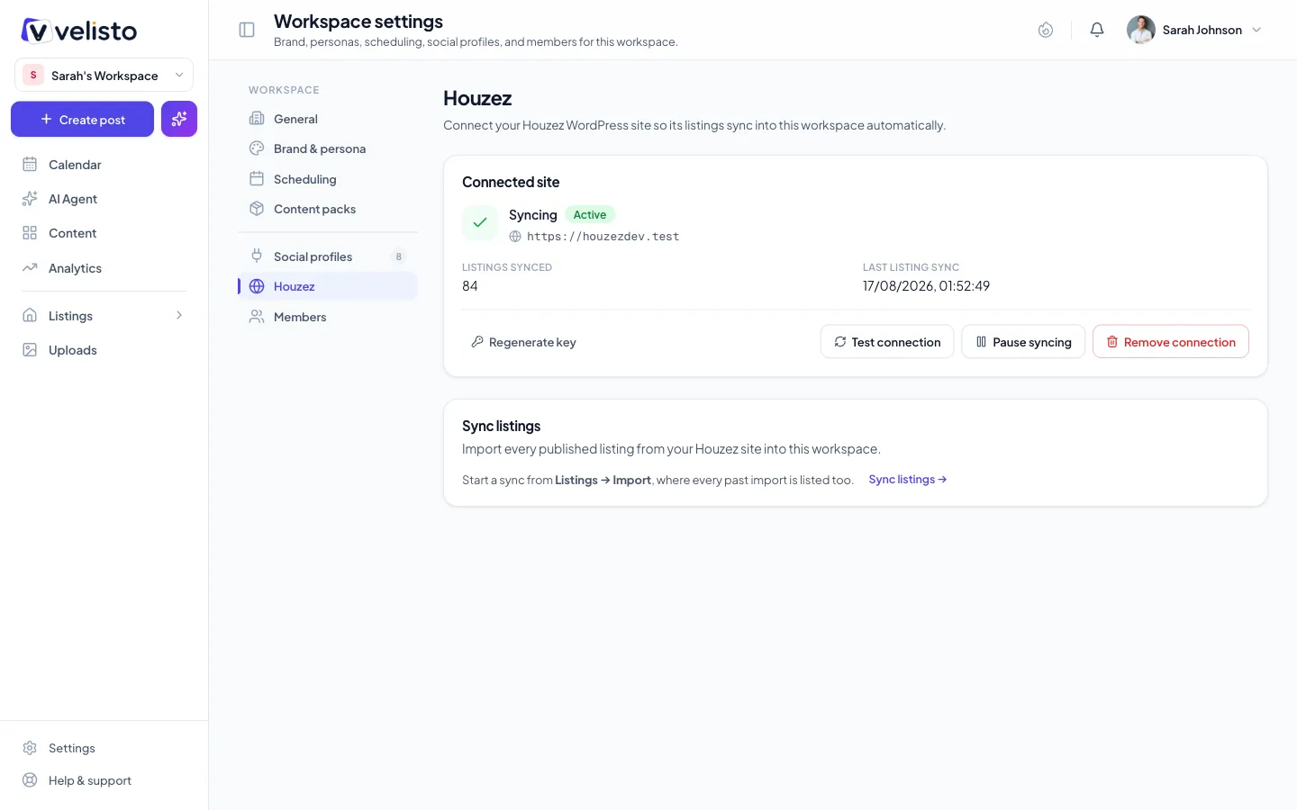 The Houzez panel showing a connected site: syncing active, listings synced, last sync time, and the manage buttons