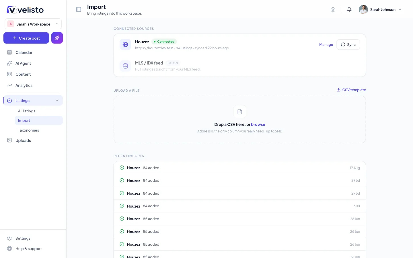 The import hub: the connected Houzez site with a Sync button, a CSV upload area, and the recent imports list