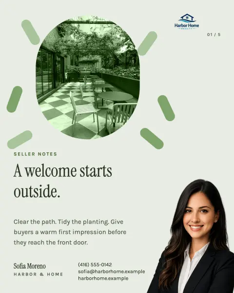 Seller notes carousel post about curb appeal: a welcome starts outside