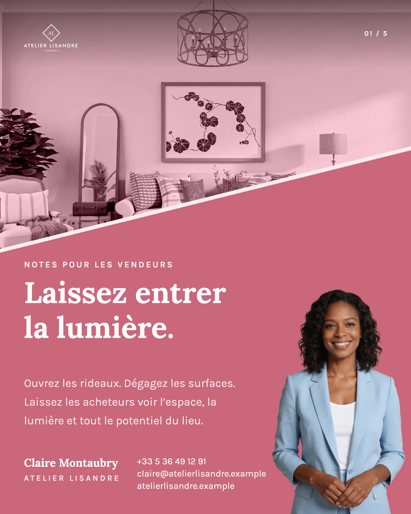 Design Rose Wedge avec un conseil aux vendeurs, pour le client fictif Atelier Lisandre Immobilier
