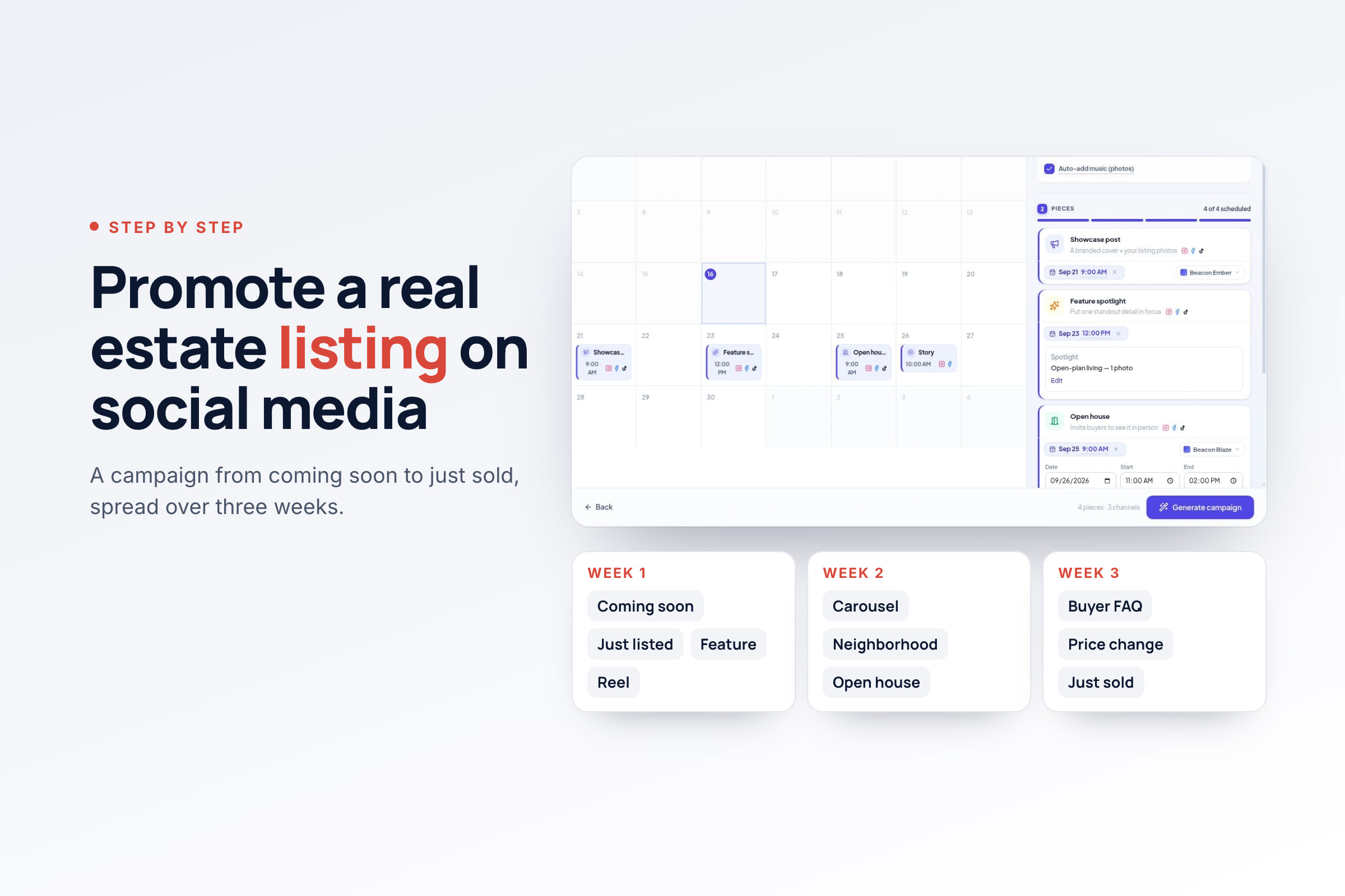 How to promote a real estate listing on social media: a Velisto listing campaign on the calendar, with a three-week plan from coming soon to just sold