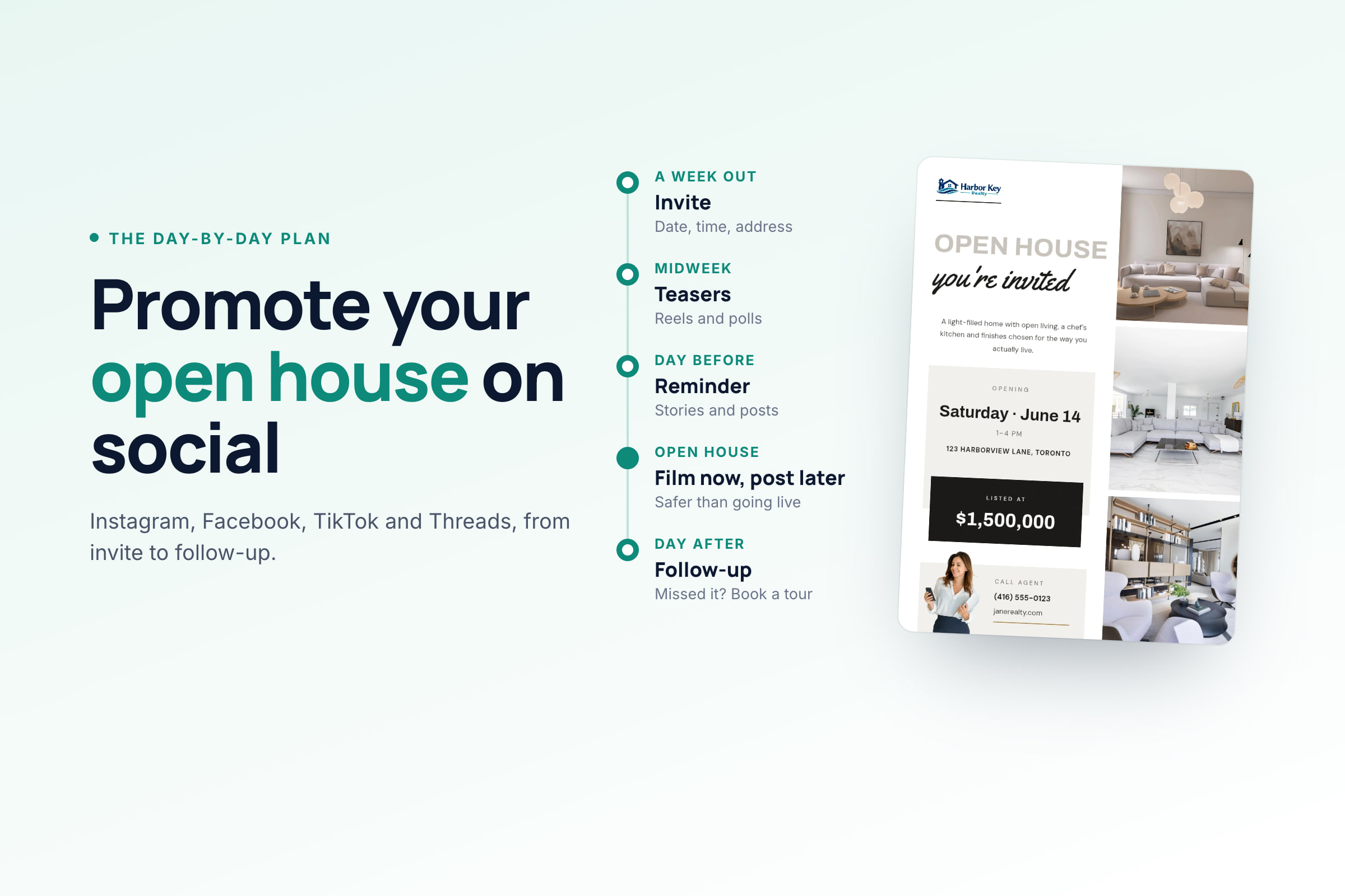 How to promote an open house on social media, with a day-by-day plan across Instagram, Facebook, TikTok and Threads