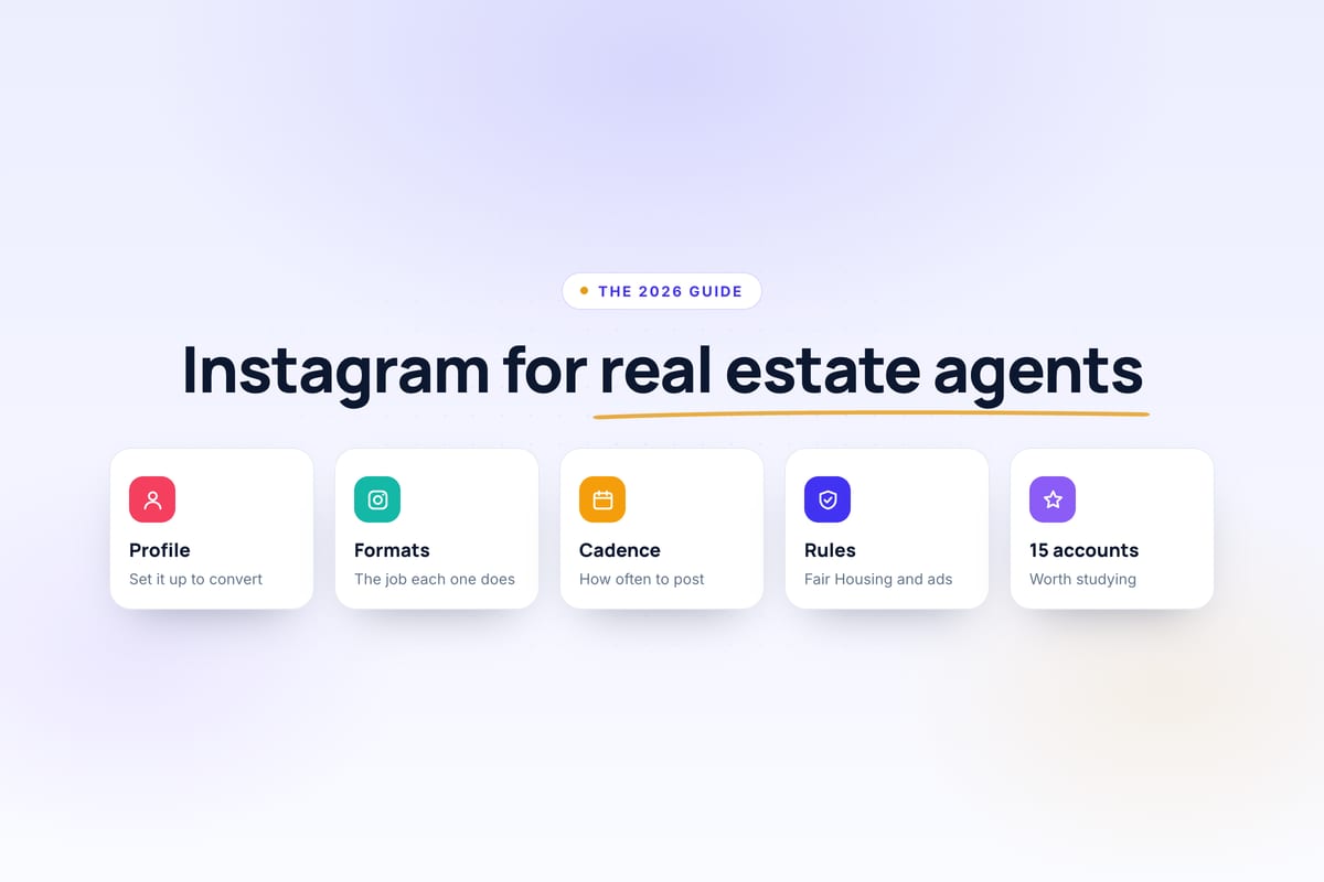 Instagram for real estate agents guide covering profile setup, formats, posting cadence, rules and accounts to study