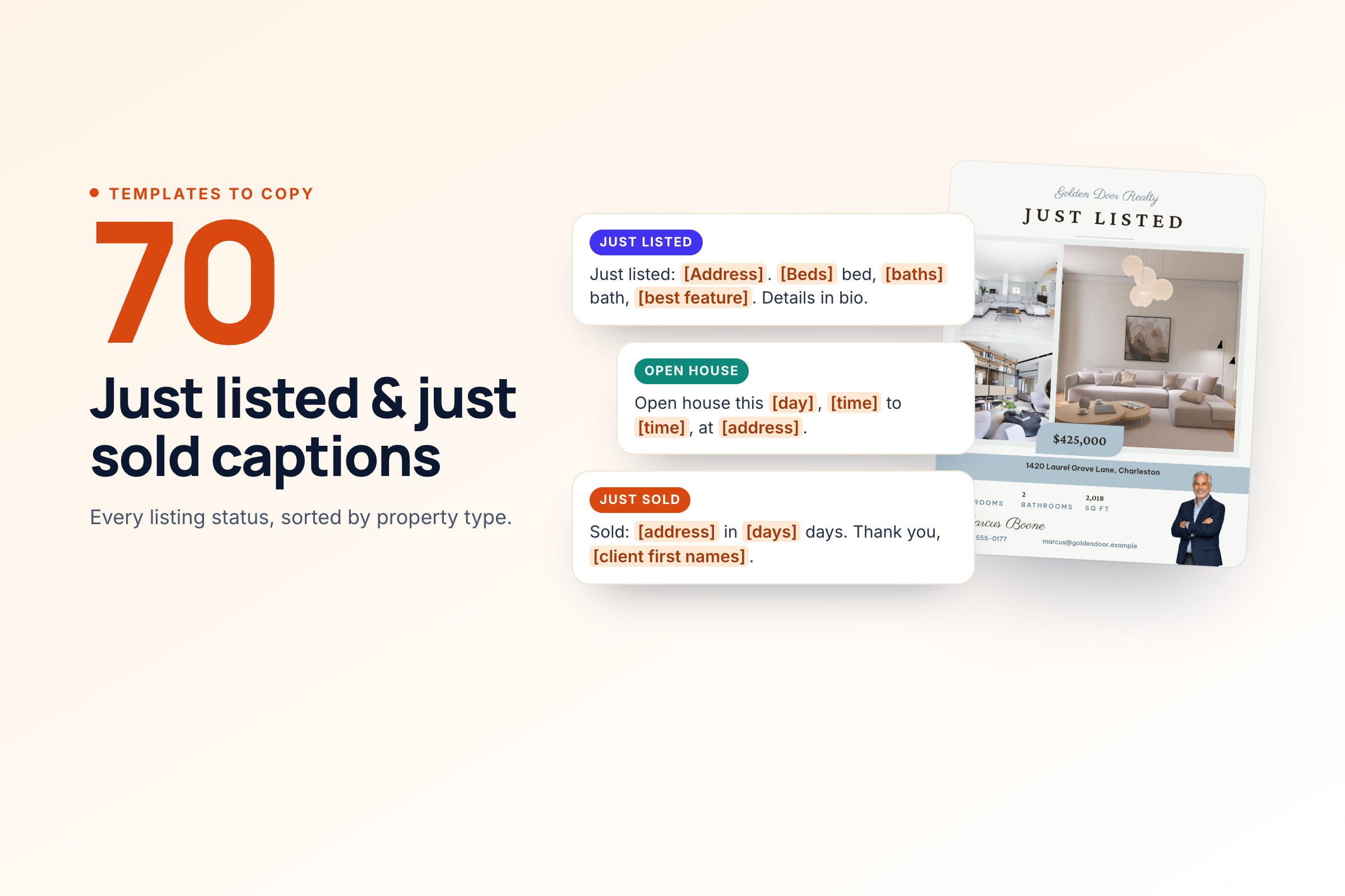 Just listed and just sold captions for real estate agents, sorted by listing status and property type