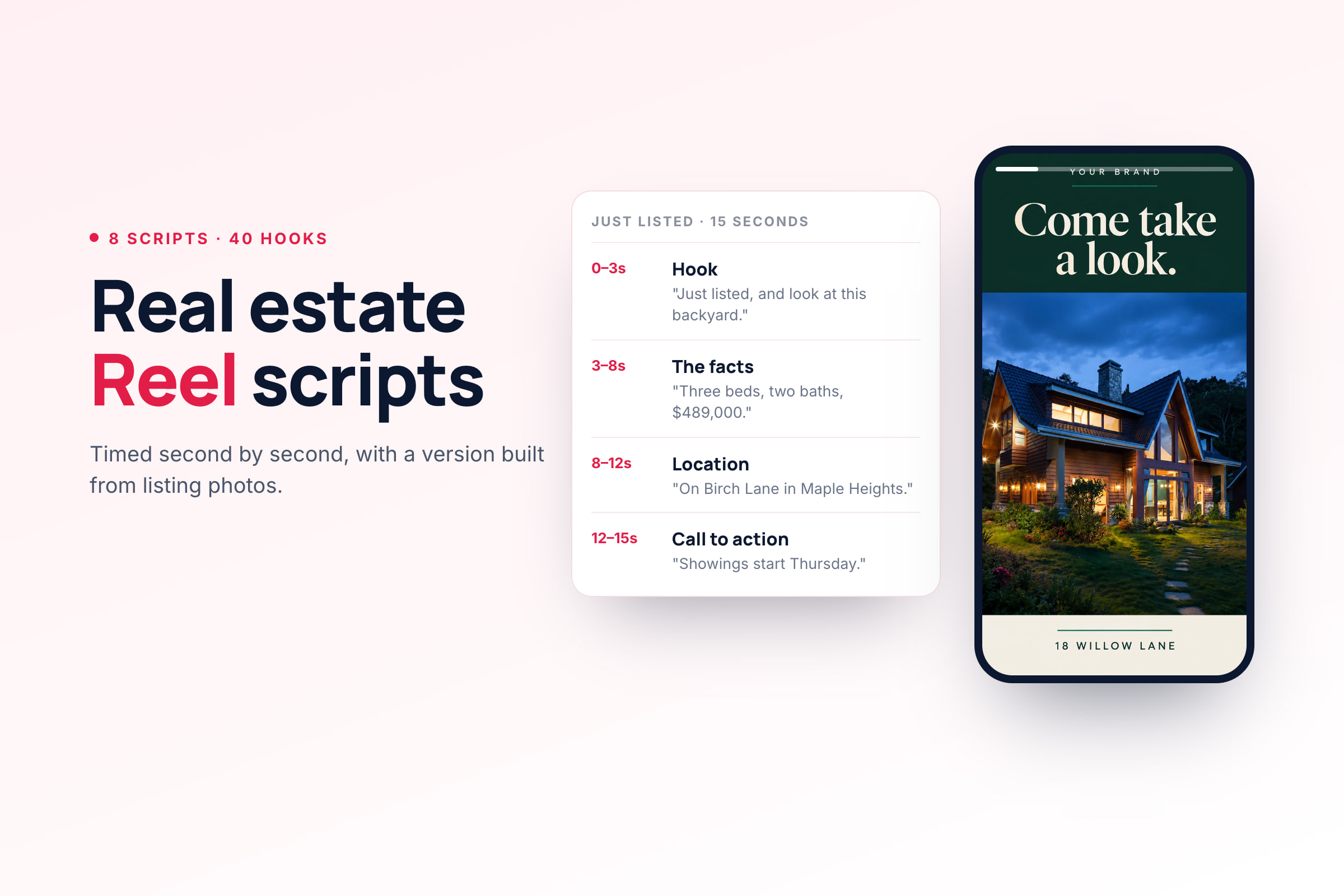 Real estate Reel scripts for agents, with timed scripts and hooks by content type