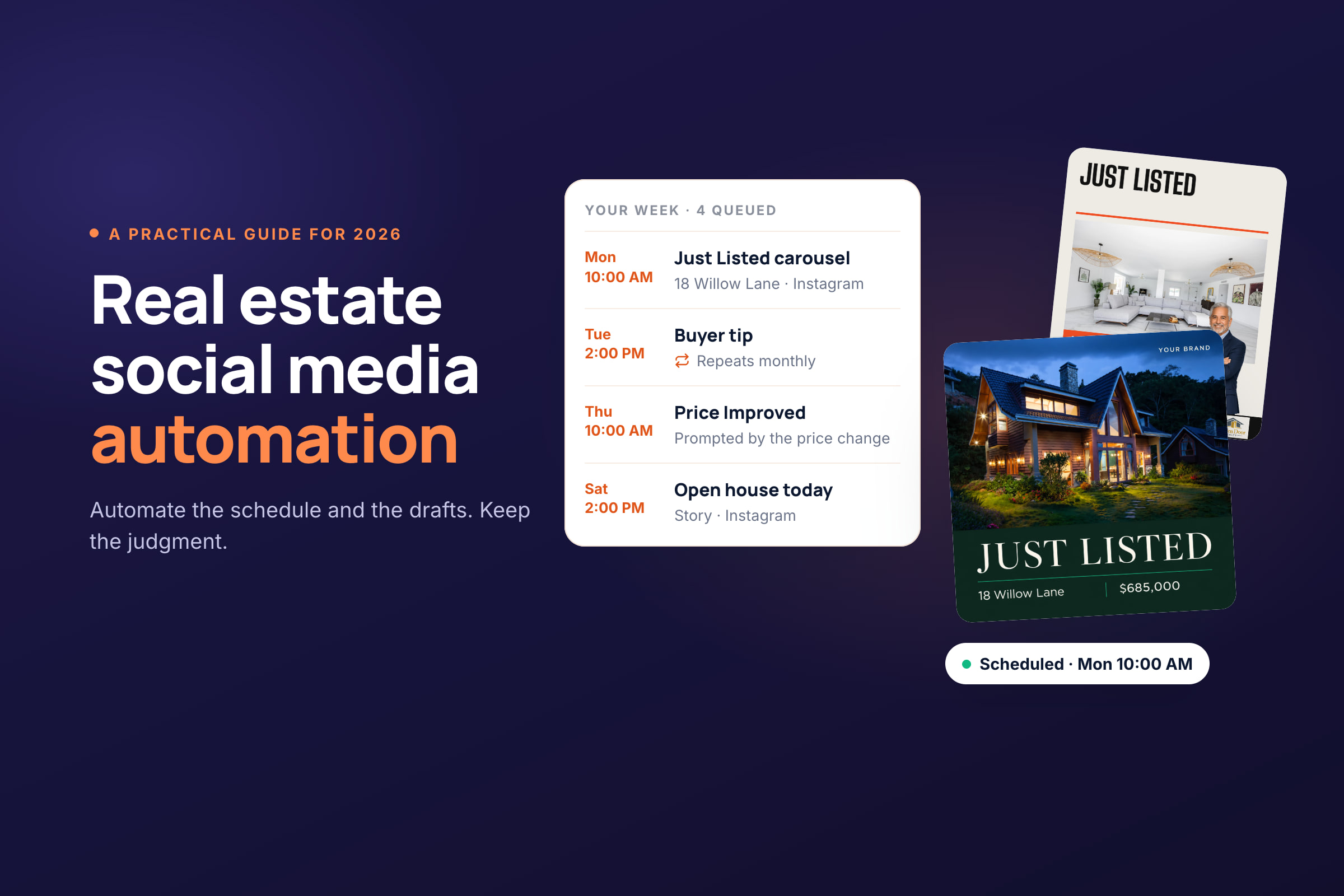 Real estate social media automation, with a posting queue and a week of approved drafts