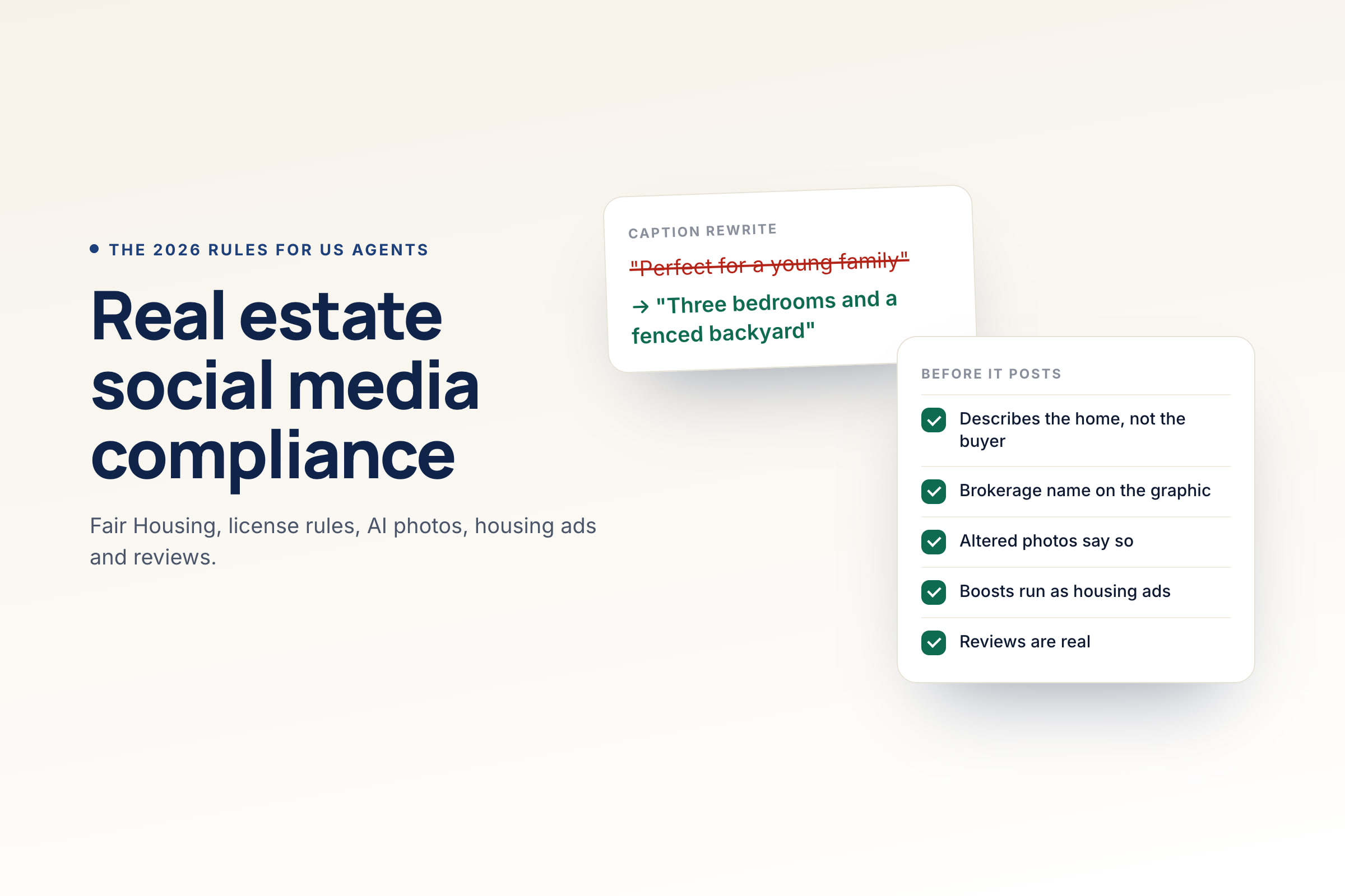 Real estate social media compliance guide covering Fair Housing, brokerage name, AI-edited photos, housing ads and reviews