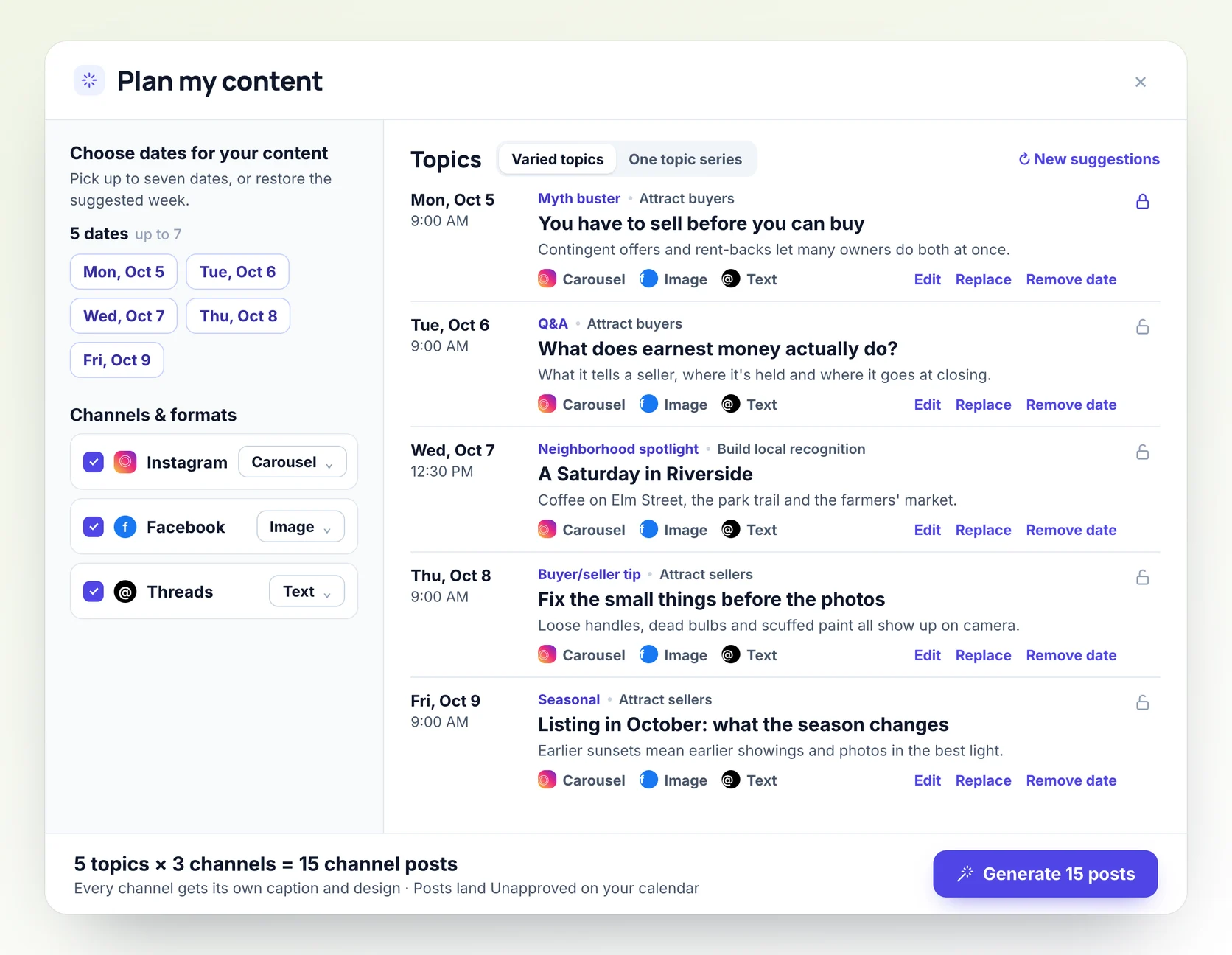 Velisto's Plan my content: five topics with their categories, Instagram, Facebook and Threads chosen under Channels & formats, and the footer 5 topics × 3 channels = 15 channel posts